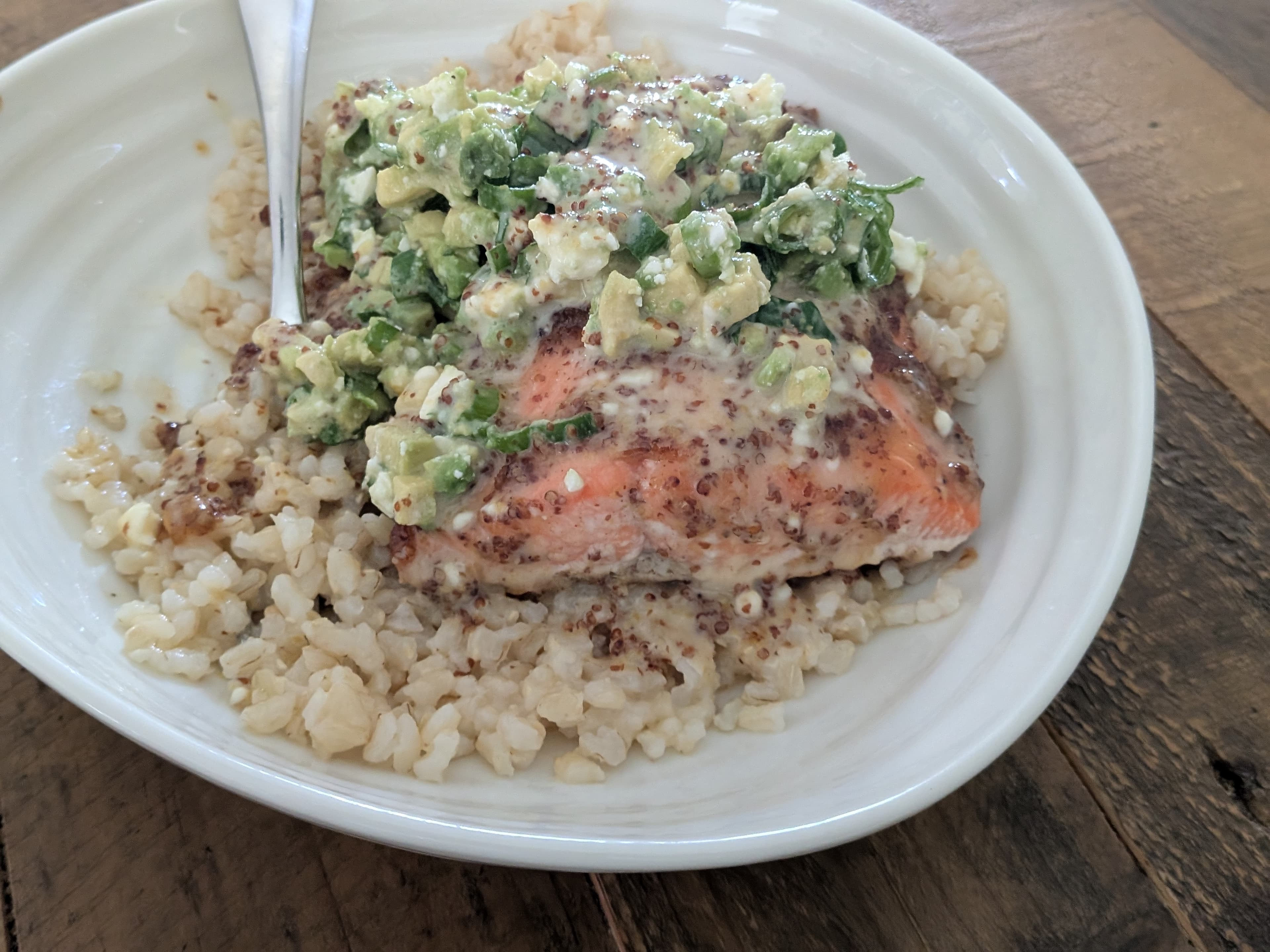 Honey Mustard Salmon Bowls with Avocado-Feta Herb Salad